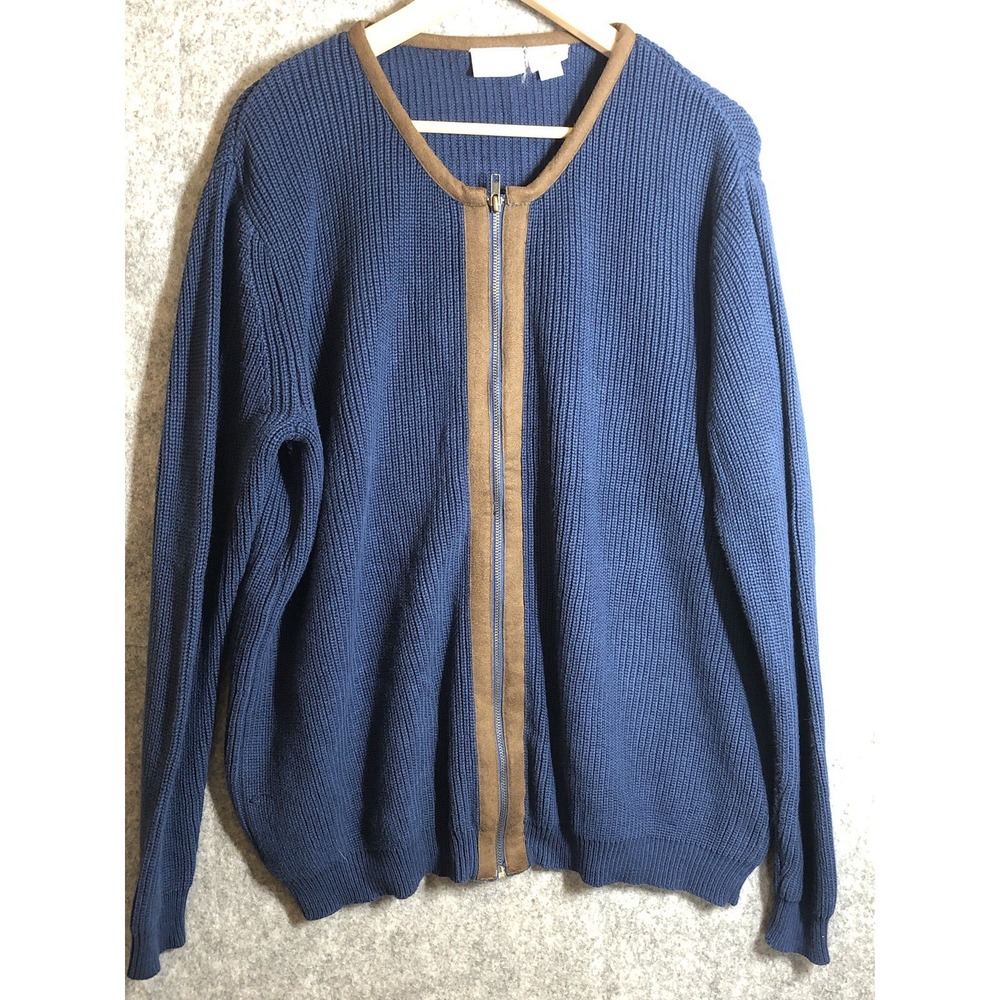 Vermont Country Store Sweater Mens Large Blue Full Zip Cotton Knit Leather Trim